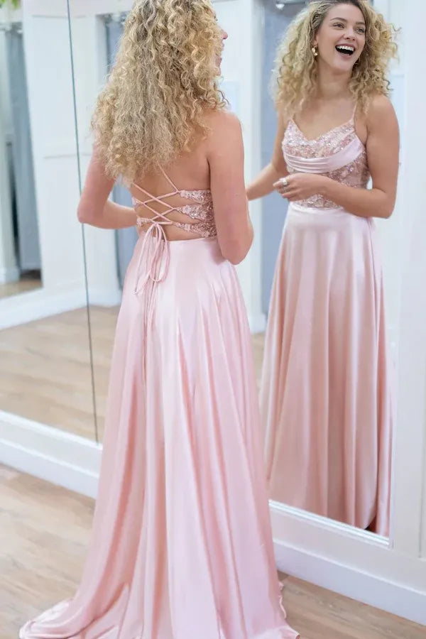 Robe Weitese scintillante, coupe trapèze, bretelles spaghetti, corset, robe de bal longue rose